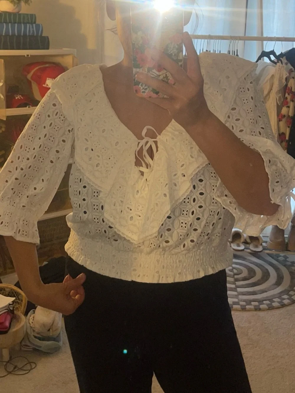 Anthropologie White Eyelet Ruffle Tie-Front Blouse